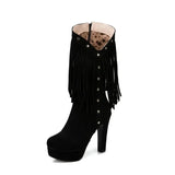 Autumn Winter Women Modern Boots Size 34~50 Superior Nubuck High Heel Tassel Decorate Midi Calf Boots Casual Platform