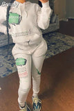 Casual Letter Graffiti Print Two Piece Sets Women Hooded Sweatshirt And Jogger Pants Tracksuits Fall Winter Outfit