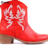 Embroidery Botas Mujer Faux Leather Cowboy Ankle Boots for Women Wedge High Heel Boots Snake Print Western Cowgirl