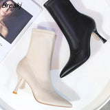 Women's Boots Autumn Winter Stretch Fabric Sock Mid-calf Boots Sexy Ladies Thin High Heels Shoes Pointed Toe Female Pumps