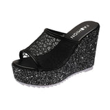 Golden Women Slippers Summer Shoes Platform 4cm Outside Fitting-room 11cm High Heels Wedges Solid Mesh Female Sliver