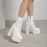 Boots Round Toe Block High Heel 14cm Platform Zipper Lace Up Plus Size 35-43 Party Booty Solid Platform Boots Ladies
