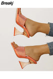 Transparent High Heel Sandals New Square Toe Chunky Heel Rhinestone Sexy High Heels Ankle-Strap Open Toe