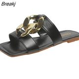 Ladies Slippers Summer Fashion Metal Decorative Square Head Outer Wear Flat Slippers Soft Bottom Seaside Beach