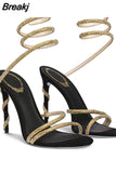 Style Sexy Snake Straps Women Sandals Summer 2023 Luxury Brand Thin Heeled Sandals Rhinestone Fashion Elegant Female
