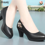 Women's Summer Shoes Rhinestones Cute European Stylish Round Toe Black Pu Leather Square Heel Pumps Lady Casual Wine Red