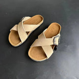 Summer Women's Cow Suede Leather Cork Sandals Two Buckle Flats Sandals Women Retro Roma Style Fashion Slippers
