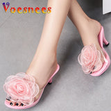 Three-Dimensional Flowers Slippers Summer Transparent Sandals Beach Shoes Thin High Heels Walk Show Crystal Party Women