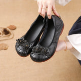 New Flat Bottom Low Heel Head Layer Cowhide Women's Shoes Ethnic Wind Flowers Leather Women's Single Shoes Middle-Aged And Elderly Mother