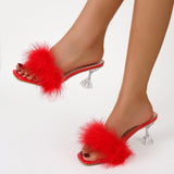 Summer New Solid Color Red High-heeled Women's Shoes Square Toe Open Toe Fluff Comfortable Sexy Slippers