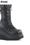 Size 43 Black Gothic Motorcycle Boots Zip High Heel Punk Rivets Chunky Platform Mid-Calf Women Boots Shoes Women De