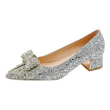 Crystal Bowknot Pumps Women 2023 New Thick Heels Rhinestone Wedding Party Shoes Woman Gold Silver Sequin Pointed Toe