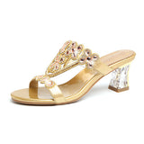 New High-Heeled Sandals Are Sexy And Fashionable In Gold In Summer, Wearing Thick Heels And Diamond-Encrusted Slippers In Middle