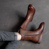 Mid Calf Women's Boots Wedge Heel Biker Shoes for Woman Half High Leather Brown Fashion 2023 on Offer Free Shipping
