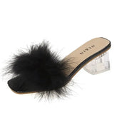 Fluffy Peep Toe Sexy High Heels Women Shoes Fur Feather Lady Fashion Wedding Slip-On Pink Square Sandals Tacones