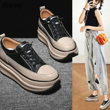 Chunky Sneakers Warm Casual Vulcanized Shoes Woman High Platform Boots 7CM Lace Up High Top Autumn Leather Fashion