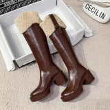 Knee High Brown Long Boots Comfort Square Heel Zip Belt Buckle Platform Boots for Women Plush Edge Warm Gothic