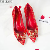 Wedding Shoes Thick Heel Red Rhinestone Buckle Bridal Shoes Party Dress Single Shoes Bridesmaid High Heels Women