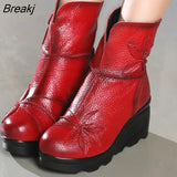New Fashion Genuine Leather Women's Boots Winter Shoes Casual Women Wedges Shoes Handmade Woman Ankle