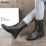 Low-heel Casual Women's Boots 2023 Winter Warm Zipper Round-toe Shoes Motorcycle Boots New Ankle Boots Lace-Up