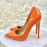 Shiny Orange Crocodile Effect Women Pointy Toe High Heel Shoes for Party Gorgeous Dress Stiletto Pumps Plus Size 44