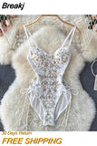 See Through Mesh Patchwork Flowers Embroidery Bodysuit Women Adjustable Spaghetti Strap Padded Lace Up Bandage Body