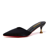 Women High Heels Solid Flock Slippers Mules Pointed Toe Fog Black Slides Women Home Slip On Flip Flops Heels 6CM/9CM Half