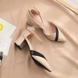 Women Classic Pointed Toe High Quality Black Leather Buckle Strap Square Heel Shoes Lady Office Pumps Sapatos Femininas