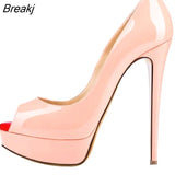 Sexy Peep Toe Platform Women Pumps 14cm Super High Patent Leather Heels Shoes Red Wedding