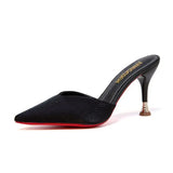 Women High Heels Solid Flock Slippers Mules Pointed Toe Fog Black Slides Women Home Slip On Flip Flops Heels 6CM/9CM Half