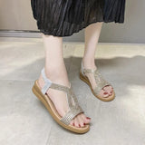 Women Wedges Sandals Crystal Decoration Chunky Heel Peep Toe Back Strap Elastic Band Elegant Fashion Shoes Ladies Size