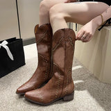 Retro Rivets Western Boots for Women 2023 Brwon Middle Heel Knee High Boots Woman Sexy Pointed Toe Cowgirl Long