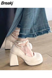 Ladies High Heels Elegant Bow Square Toe Black High Heels Fashion Thick Heel Wedding Party Pearl Lace Wedding