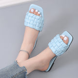 Weave Soft Slippers for Women Summer 2023 Orange PU Leather Beach Flip Flops Female Square Toe Flat Sandals Plus Size