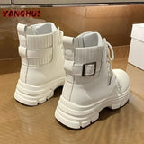 New Fashion Belt Buckle Solid Color Splice Short Boots Women's Round Head PU Soft Sole Shoes Warm and Versatile