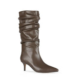 Women Mid-Calf Boots Sexy Solid Color Leather Folds Boots Pointed Toe Thin Heels Stiletto Party Shoes Large Size