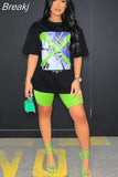 Fashion Print 2 Two Piece Sets Women Streetwear Outfits 2023 Summer Y2K Short Sleeve Tshirt+Biker Shorts Sets
