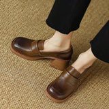 Women Heels Oxford Med Chunky Heel Pumps Shoes Retro Square Toe Slip On Leather England Style Spring Loafer Oxford