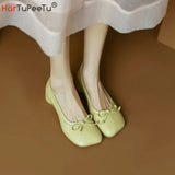 INS Hot Cow Split Leather Pumps Women Square Toe Ballet Shoes Bow Decorate Low Heels Party Date Princess Handmade
