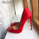 Square Rhinestones Women Red Silk Satin Pointy Toe High Heel Wedding Bridal Shoes Elegant Ladies Stiletto Pumps