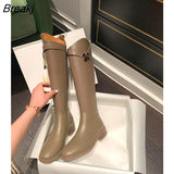 Boots Thick Med Heel Zipper Ladies Boots Round Toe Knee High Boots Autumn Winter Brown