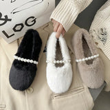 Women’s Plush Flat Shoes Fashion Pearl Cotton Shoes Outdoor Soft Sole Anti Slip Casual Shoes for Women Slip on Warm Fur