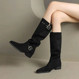 High Quality Pleated Boots Women Black Nude Faux Suede Flock Knee High Boots Ladies Flat Autumn Winter Dress Shoes size