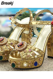 Women Chunky High Heels Shoes Platform Sandals For Women Rhinestone Metallic Gold Leather Shoes Woman Peep Toe Wedding