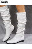 For Women 2023 Spring Knee High Boots Red Black White Tall Boots Woman Pleated Low Heel Casual Leather Female Long