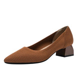 Women's Pointed High Heels Knit Breathable Comfortable Shallow Anti-skid Work Shoes Fashionable and Beautiful Square Heel