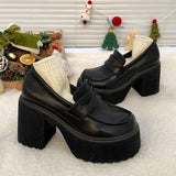 High Heels Loafers Women 2023 Autumn Patent Leather Chunky Platform Pumps Woman Slip On Black Jk Uniform Shoes Mary