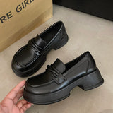 Brown Pu Leather Platform Loafers Women Fashion Slip On Shallow Flats Shoes Woman British Style Middle Heels Office