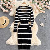 and White Striped Long Sleeve Knitted Sweater Cardigan and Spaghetti Strap Bodycon Midi Dress Suits Women Two Pieces
