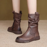 Breakj Layer Kraft Mid-Sleet Boots Women Autumn And Winter New Flat Bottom Comfortable Side Zipper Martin Boots Retro Style Horse
